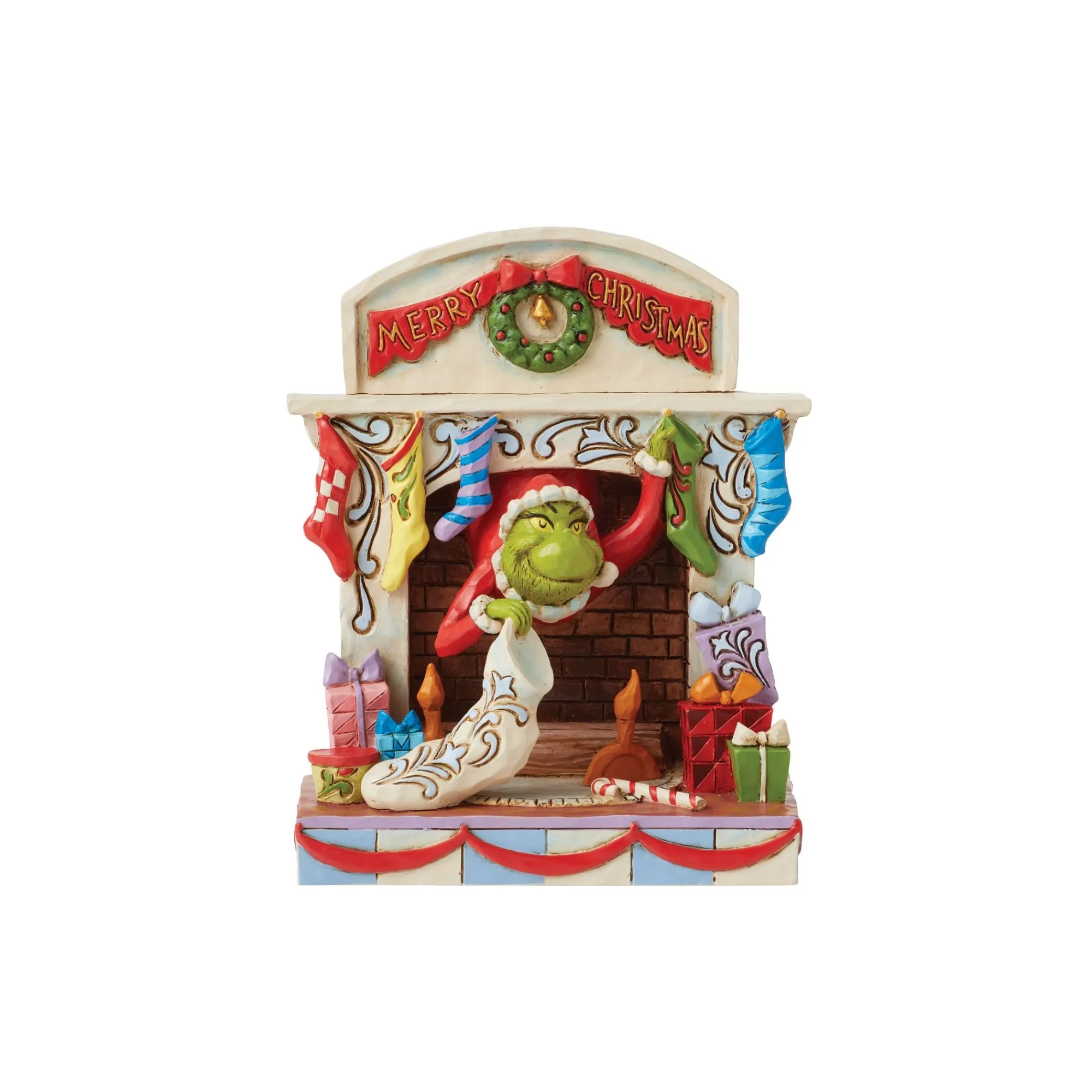 Enesco Gift Figurines | Santas | Grinch Peaking Out of Fireplce