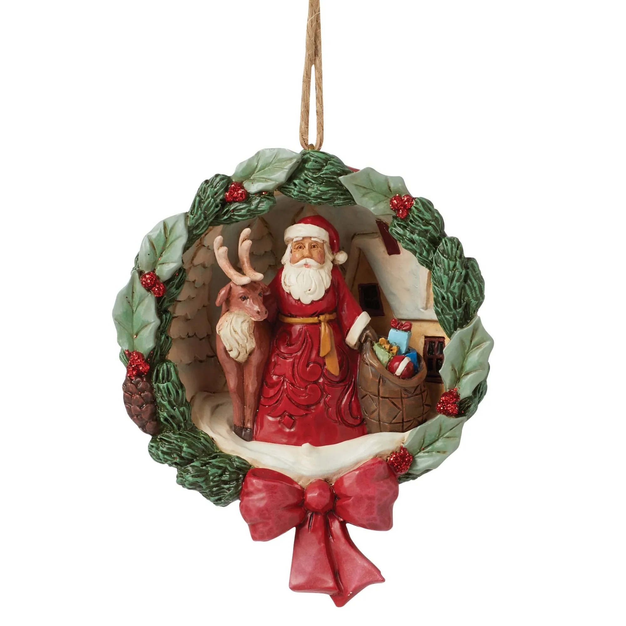 Enesco Gift Ornaments | Santas | Santa and Deer Wreath Figurine